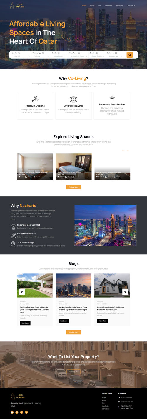 Nashariq Co-Living Qatar Full Website Experience